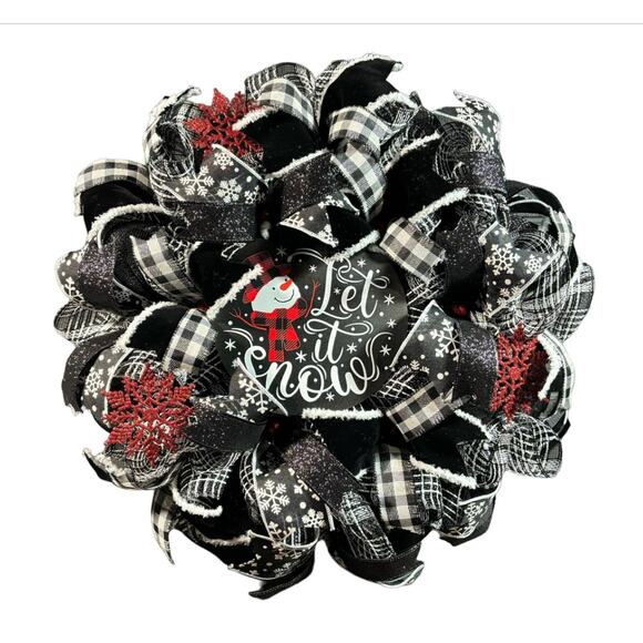 Snowman Winter Christmas Wreath Black White Red Handmade 22 Inch Deco Mesh - Picture 2 of 9